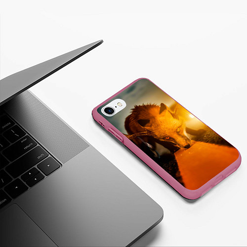 Чехол iPhone 7/8 матовый Лиса с рогами оленя / 3D-Малиновый – фото 3