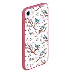 Чехол iPhone 7/8 матовый Птички весной на ветках Сакуры, цвет: 3D-малиновый — фото 2