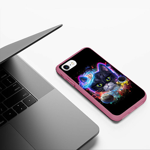 Чехол iPhone 7/8 матовый Космический котик и планеты / 3D-Малиновый – фото 3