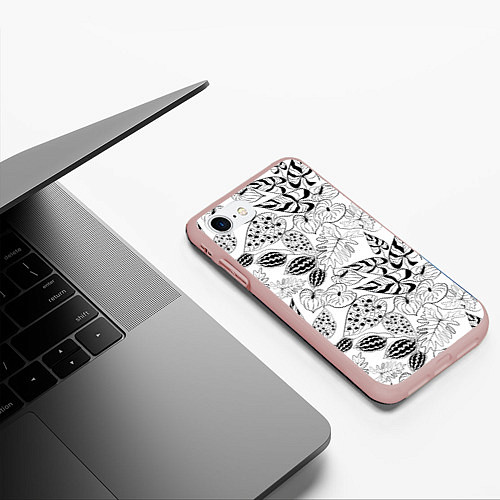 Чехол iPhone 7/8 матовый Черно-белый узор Тропики / 3D-Светло-розовый – фото 3