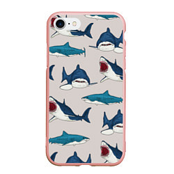 Чехол iPhone 7/8 матовый Кровожадные акулы паттерн, цвет: 3D-светло-розовый
