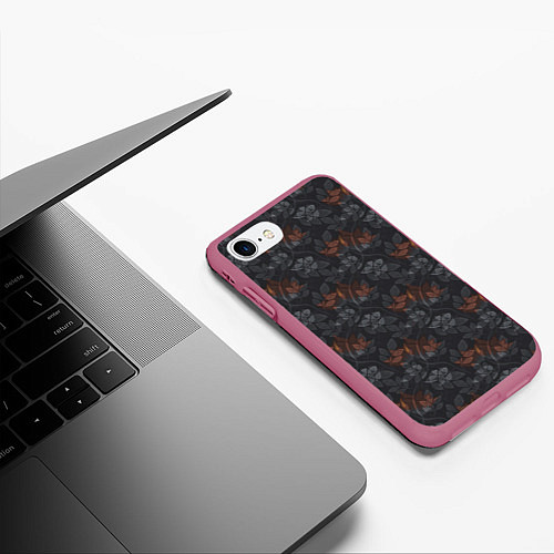 Чехол iPhone 7/8 матовый Серо-коричневый цветочный узор / 3D-Малиновый – фото 3