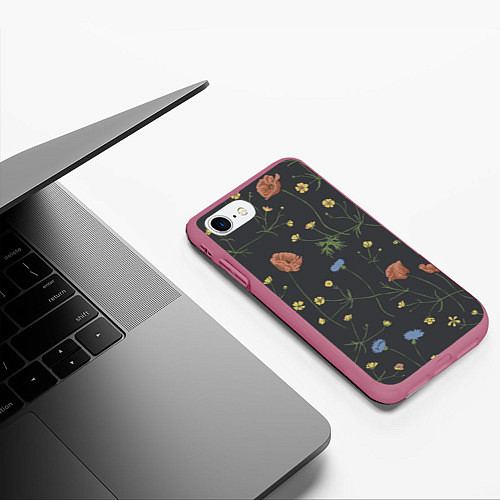 Чехол iPhone 7/8 матовый Цветы На черном Фоне / 3D-Малиновый – фото 3