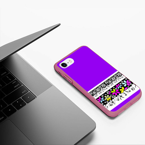 Чехол iPhone 7/8 матовый Яркий фиолетовый цветочный / 3D-Малиновый – фото 3
