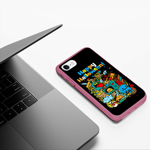 Чехол iPhone 7/8 матовый Монстры празднуют Хеллоуин / 3D-Малиновый – фото 3