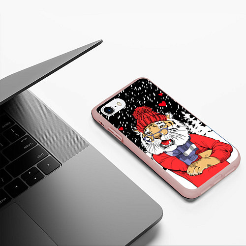 Чехол iPhone 7/8 матовый Тигр в красном / 3D-Светло-розовый – фото 3