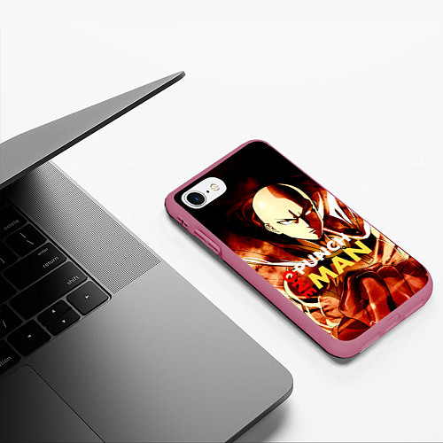 Чехол iPhone 7/8 матовый Огненный Сайтама One Punch-Man / 3D-Малиновый – фото 3