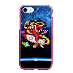 Чехол iPhone 7/8 матовый Санта хипстер в очках на ракете в космосе с планет, цвет: 3D-малиновый