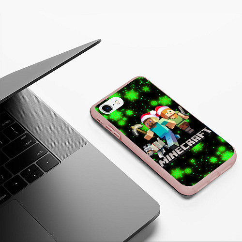 Чехол iPhone 7/8 матовый НОВОГОДНИЙ MINECRAFT ГЕРОИ ИГРЫ / 3D-Светло-розовый – фото 3