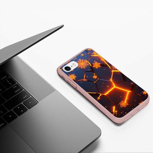 Чехол iPhone 7/8 матовый НОВОГОДНИЕ ОГНЕННЫЕ 3D ПЛИТЫ FIRE NEON HEXAGON / 3D-Светло-розовый – фото 3