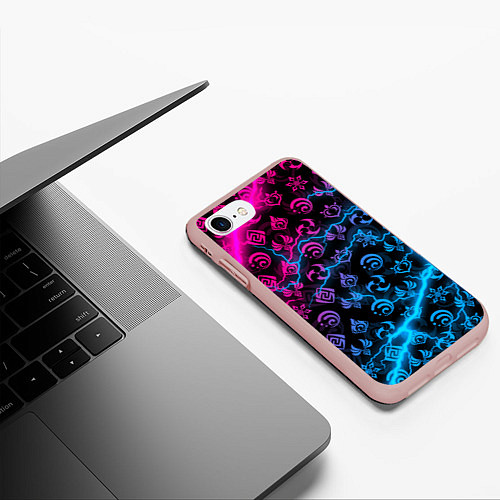 Чехол iPhone 7/8 матовый НЕОНОВЫЕ МОЛНИИ, GENSHIN IMPACT NEON / 3D-Светло-розовый – фото 3