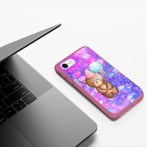 Чехол iPhone 7/8 матовый День Рождения - Медвежонок с шариками / 3D-Малиновый – фото 3
