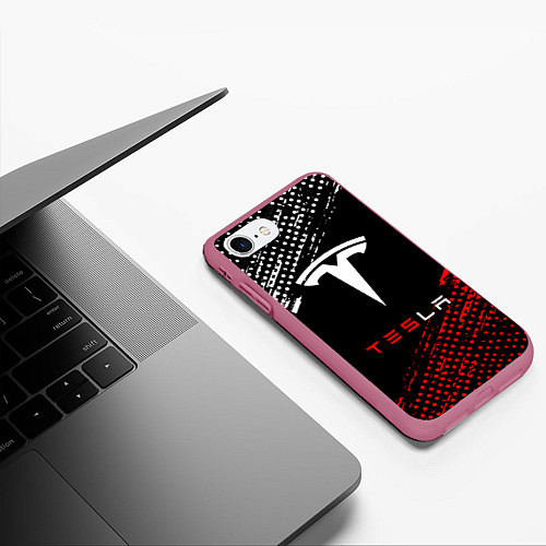 Чехол iPhone 7/8 матовый Tesla - Logo Pattern / 3D-Малиновый – фото 3