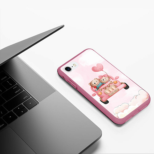 Чехол iPhone 7/8 матовый Влюбленные мишки на машине Свадьба / 3D-Малиновый – фото 3