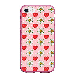 Чехол iPhone 7/8 матовый Сердечки и цветочки паттерн, цвет: 3D-малиновый