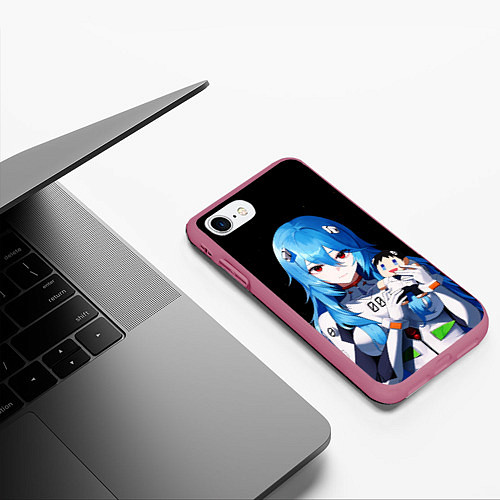 Чехол iPhone 7/8 матовый Рей Аянами с игрушкой Синдзи Евангелион / 3D-Малиновый – фото 3