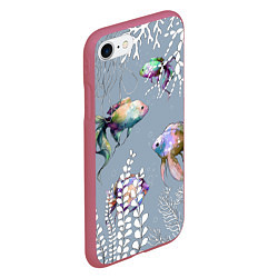 Чехол iPhone 7/8 матовый Разноцветные акварельные рыбки и белые водоросли, цвет: 3D-малиновый — фото 2