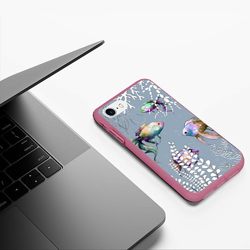 Чехол iPhone 7/8 матовый Разноцветные акварельные рыбки и белые водоросли / 3D-Малиновый – фото 3