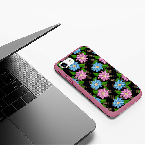 Чехол iPhone 7/8 матовый FLOWERS BLACK / 3D-Малиновый – фото 3