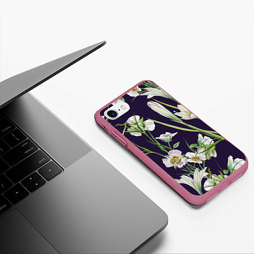 Чехол iPhone 7/8 матовый Цветы Белые / 3D-Малиновый – фото 3