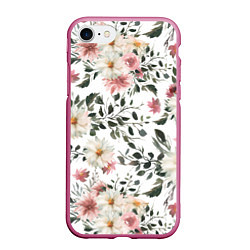 Чехол iPhone 7/8 матовый Цветы Акварельно-Белые, цвет: 3D-малиновый