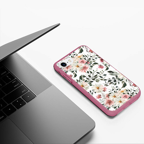 Чехол iPhone 7/8 матовый Цветы Акварельно-Белые / 3D-Малиновый – фото 3