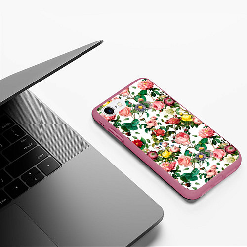 Чехол iPhone 7/8 матовый Узор из летних роз Summer Roses Pattern / 3D-Малиновый – фото 3