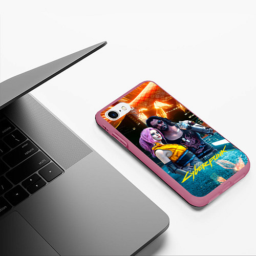 Чехол iPhone 7/8 матовый Cyberpunk2077 Johnny Vi girl / 3D-Малиновый – фото 3