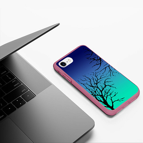 Чехол iPhone 7/8 матовый Черные абстрактные ветки деревьев на сине-зеленом / 3D-Малиновый – фото 3