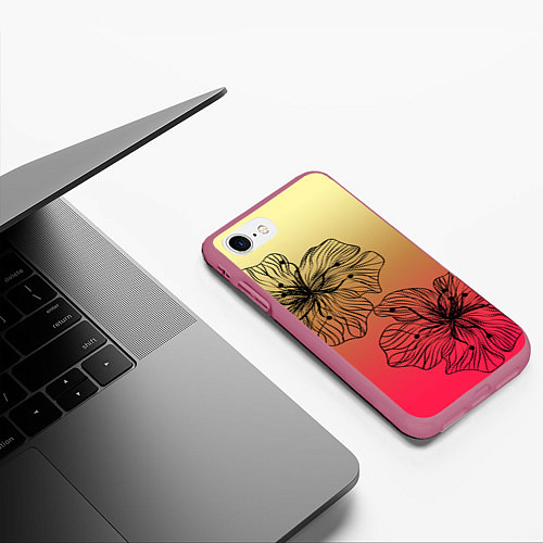 Чехол iPhone 7/8 матовый Черные абстрактные цветы на красно-желтом градиент / 3D-Малиновый – фото 3