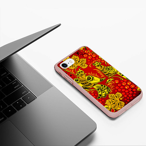 Чехол iPhone 7/8 матовый Хохломская Роспись Две Птици На Красном Фоне / 3D-Светло-розовый – фото 3