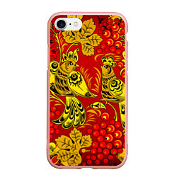Чехол iPhone 7/8 матовый Хохломская Роспись Две Птици На Красном Фоне, цвет: 3D-светло-розовый