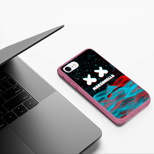 Чехол iPhone 7/8 матовый Marshmello logo крапинки / 3D-Малиновый – фото 3