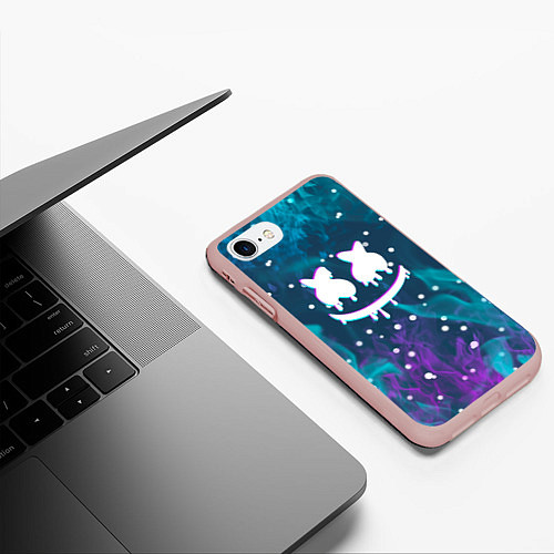 Чехол iPhone 7/8 матовый Marshmello неоновый огонь белые крапинки / 3D-Светло-розовый – фото 3