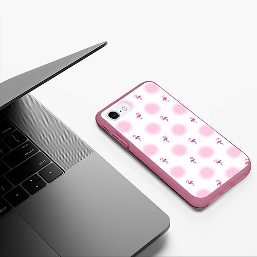 Чехол iPhone 7/8 матовый Фламинго и круги на белом фоне / 3D-Малиновый – фото 3