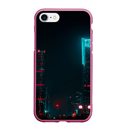 Чехол iPhone 7/8 матовый Неоновые высотки в городе - Светло-синий, цвет: 3D-малиновый