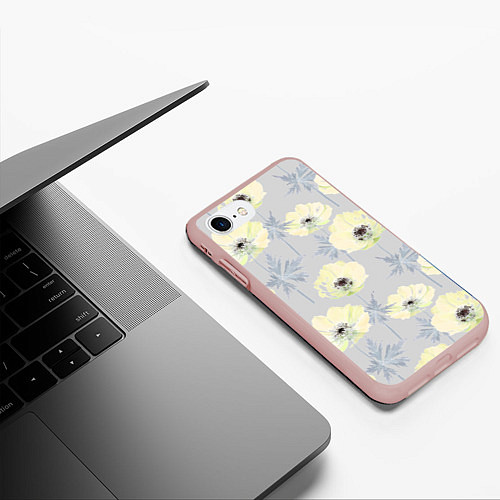 Чехол iPhone 7/8 матовый Желтые анемоны на сером / 3D-Светло-розовый – фото 3