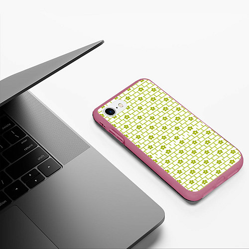 Чехол iPhone 7/8 матовый Зеленые кирпичики и цветы / 3D-Малиновый – фото 3