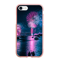 Чехол iPhone 7/8 матовый Неоновый салют над рекой ночью - Синий, цвет: 3D-светло-розовый