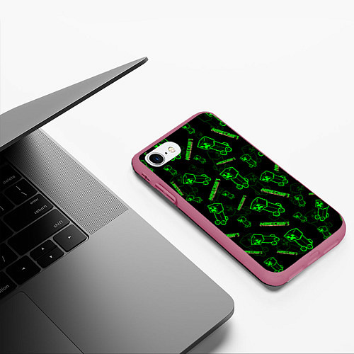 Чехол iPhone 7/8 матовый Minecraft - Creeper салатовый неон / 3D-Малиновый – фото 3