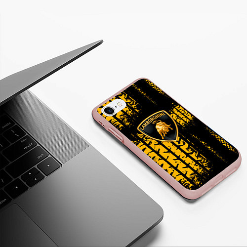 Чехол iPhone 7/8 матовый Lamborghini - жёлтые следы шин / 3D-Светло-розовый – фото 3