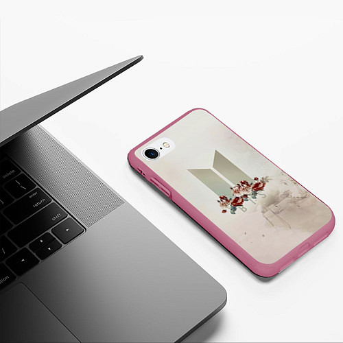 Чехол iPhone 7/8 матовый BTS Logo And Flowers / 3D-Малиновый – фото 3