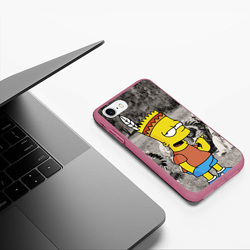 Чехол iPhone 7/8 матовый Барт Симпсон - начинающий индеец / 3D-Малиновый – фото 3
