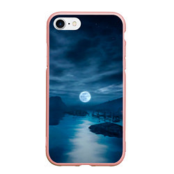 Чехол iPhone 7/8 матовый Пейзаж озера, берега и луны - Dear Esther, цвет: 3D-светло-розовый