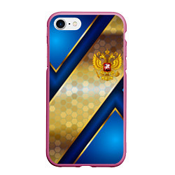 Чехол iPhone 7/8 матовый Золотой герб России на синем объемном фоне, цвет: 3D-малиновый
