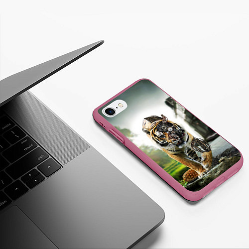 Чехол iPhone 7/8 матовый Кибернетический тигр / 3D-Малиновый – фото 3
