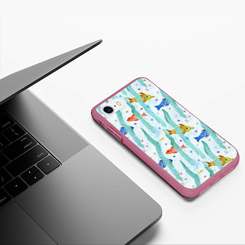 Чехол iPhone 7/8 матовый Детский рисунок рыбки акварель / 3D-Малиновый – фото 3