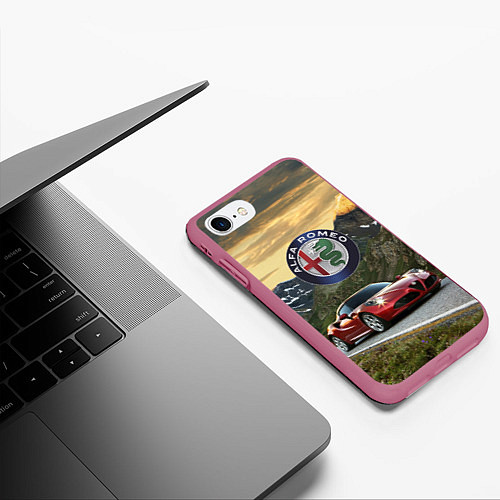 Чехол iPhone 7/8 матовый Альфа - Ромео на горной дороге / 3D-Малиновый – фото 3