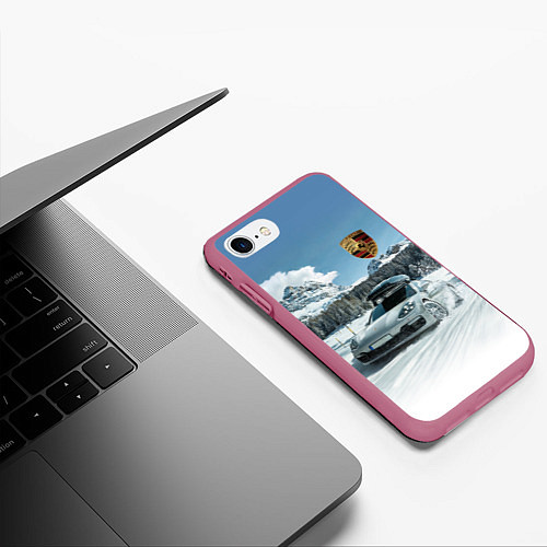 Чехол iPhone 7/8 матовый Porsche on a mountain winter road / 3D-Малиновый – фото 3