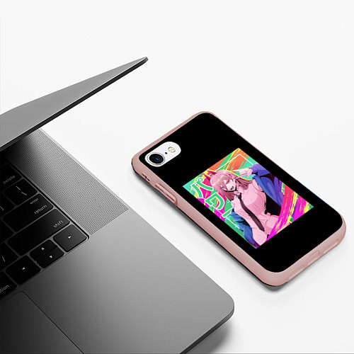 Чехол iPhone 7/8 матовый Человек-бензопила Пауэр на разноцветном фоне / 3D-Светло-розовый – фото 3